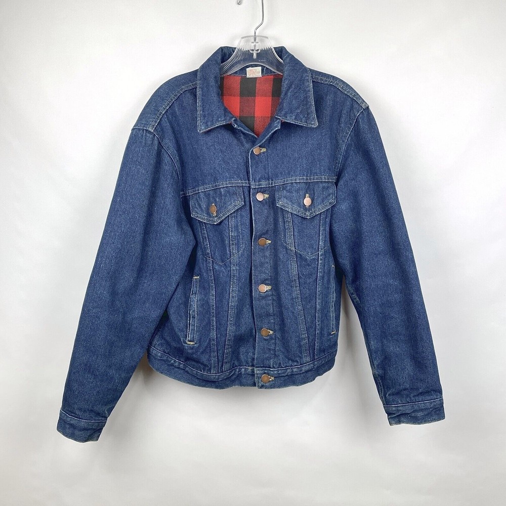 VTG Steel Mens 42 Denim Jean Jacket Buffalo Plaid Flannel Lined Trucker USA Coat